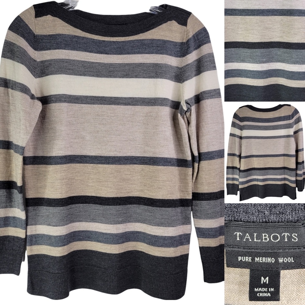 Talbot's Striped Pure Merino Wool Sweater Grey Neutral Classic Medium